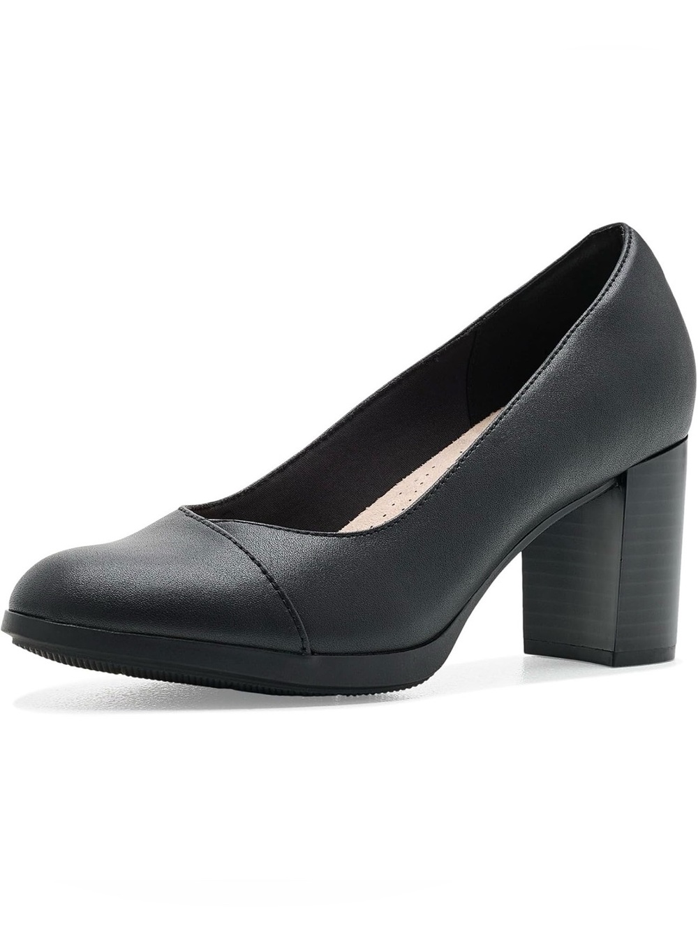 Clarks Bayla Rae Black Leather Chunky Heel Pumps